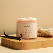 Blush Vanilla whipped soap jar by Amaraa Fragrances on wooden tray with vanilla pods